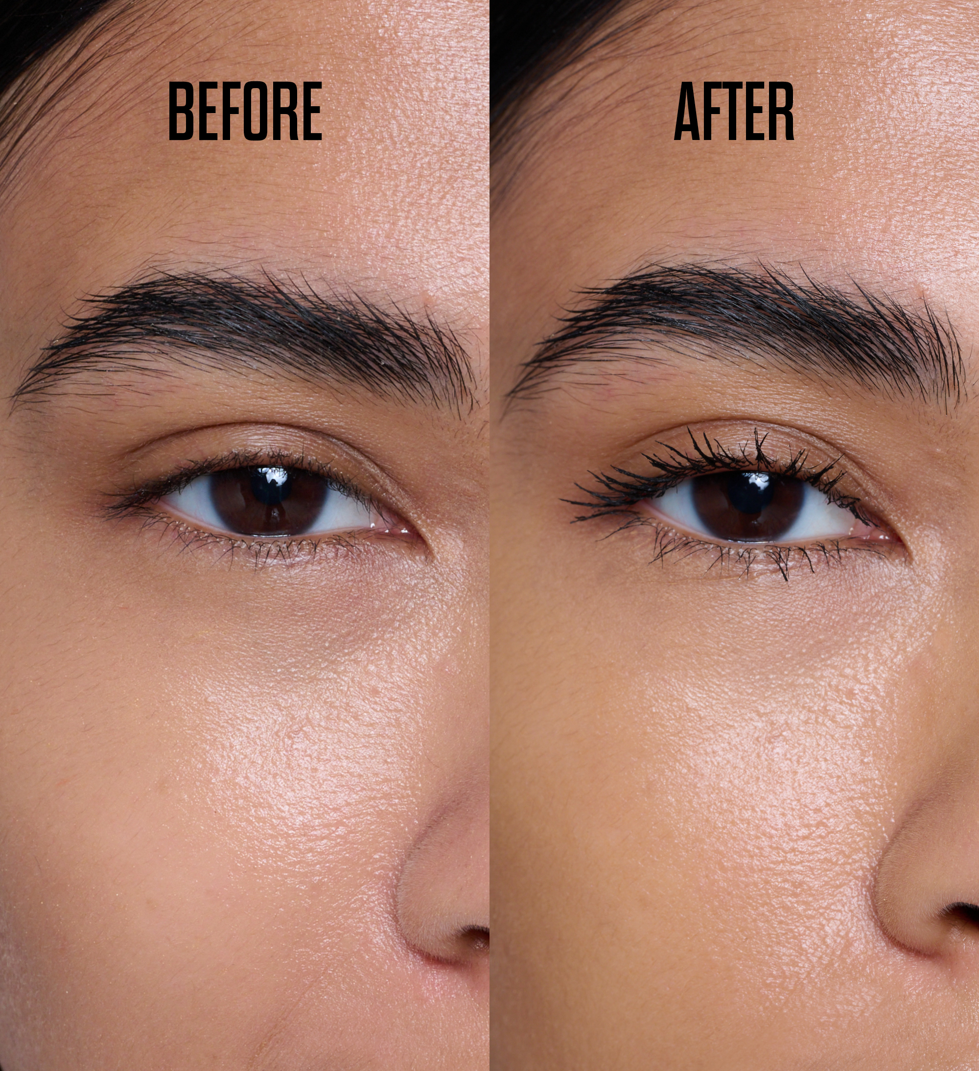 Before and after model shot featuring Beautifying Brow Wand and Feature Length Lash Lover Mascara