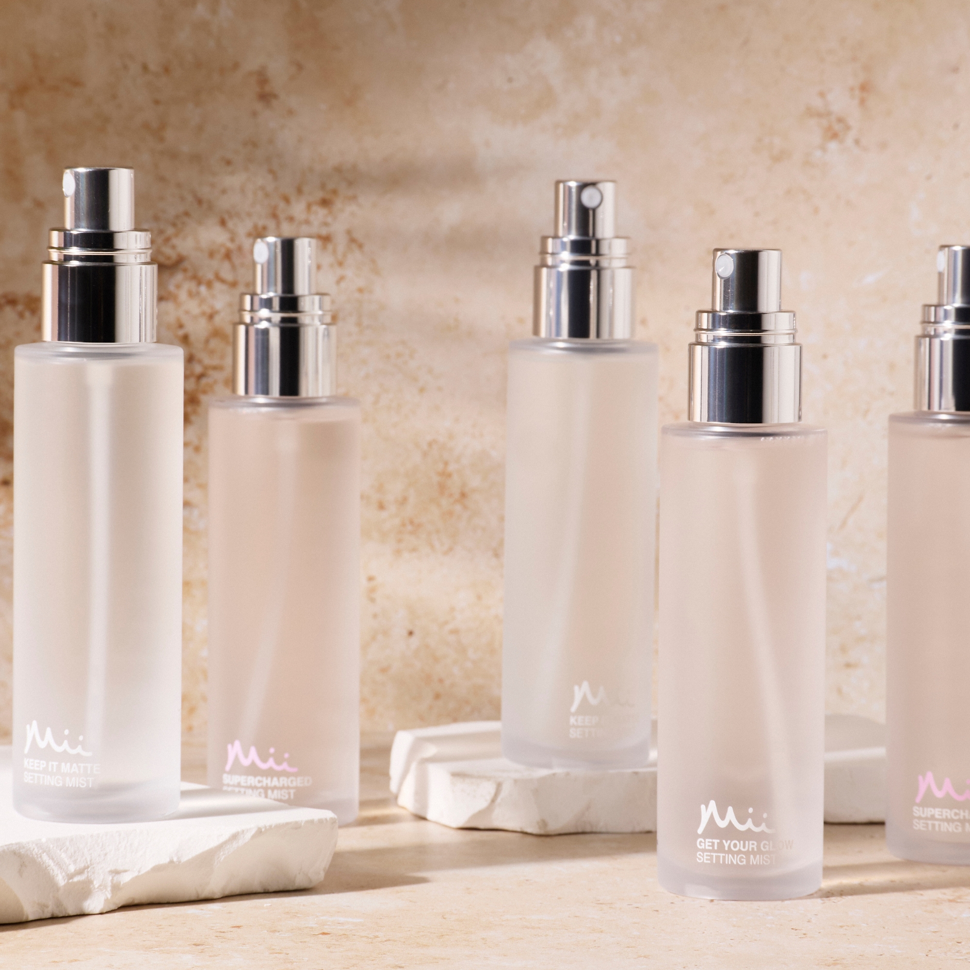 Group shot of Supercharged Setting Mist, Keep It Matte Setting Mist and Get Your Glow Setting Mist
