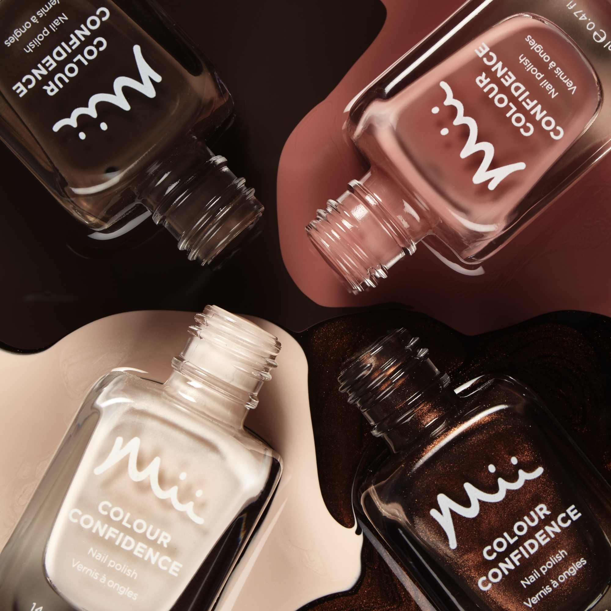 Swatch texture of Colour Confidence nail polish in shades Chocolate Roulade, Creme Brulee, Fudge Cake and Decadent Brownie