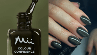 Model wearing a deep blue Colour Confidence Nail Polish and a bottle of a deep blue Colour Confidence Nail Polish