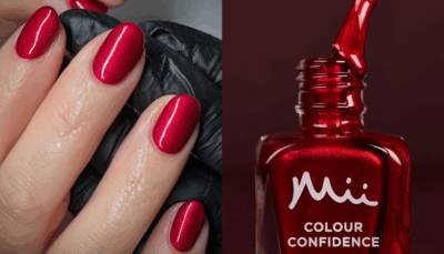 Model Wearing Ruby Shine Colour Confidence Nail Polish and a bottle of Ruby Shine Colour Confidence Nail Polish