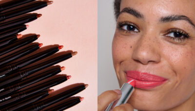 Group shot of the Alluring Lip Liners and image of model applying the HydraBoost Lip Lover Lipstick in Tutti Frutti