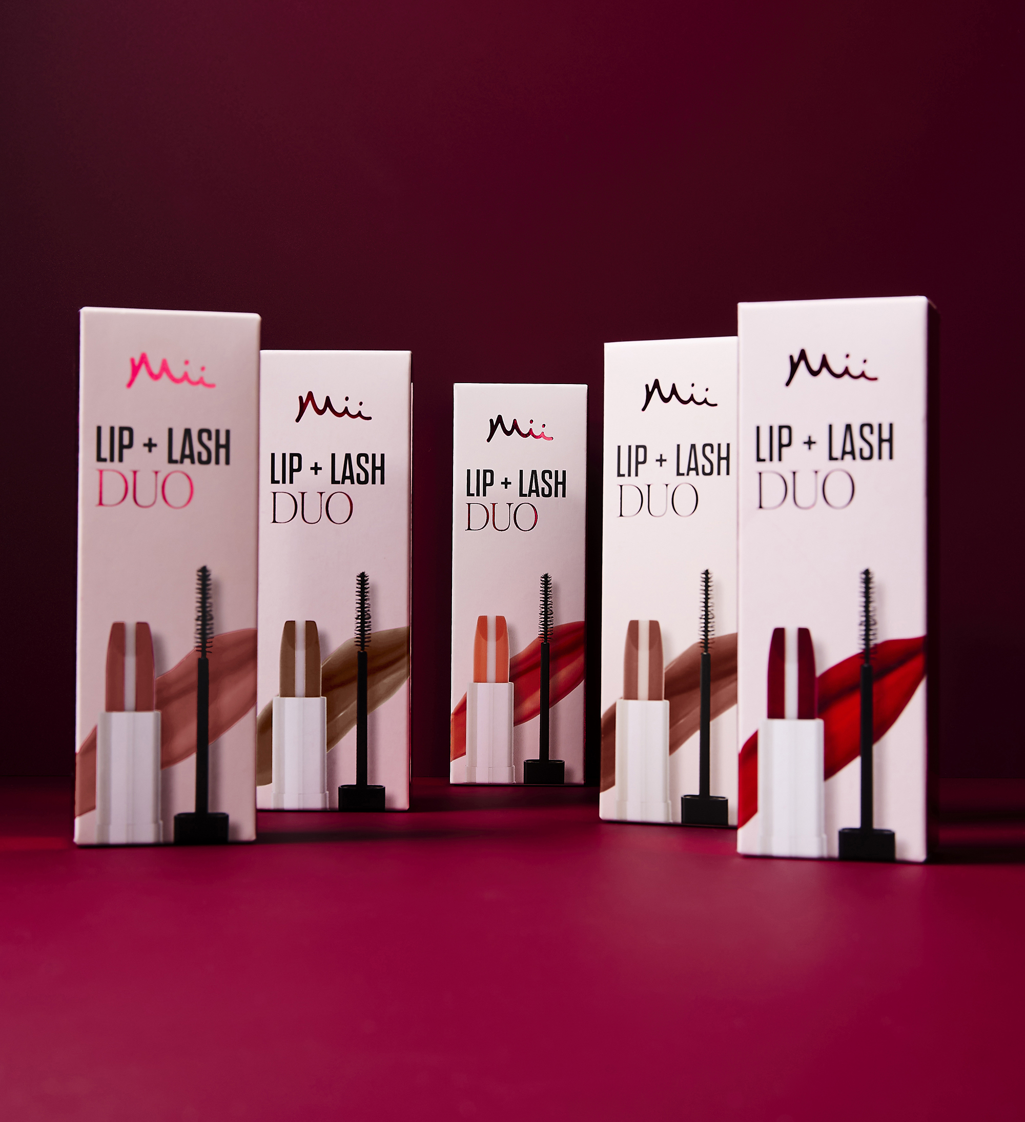 Packshot image of Lip + Lash Lipstick and Mascara Duo in Posie, Spiced, Beach Bum, in Bloom and in Fireside
