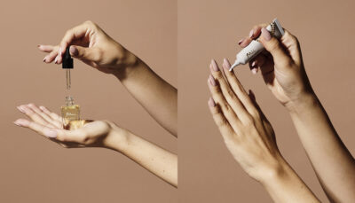 Image of model holding Nourish + Nurture Nail and Cuticle oil and applying refine + Pamper Intensive Cuticle Cream 