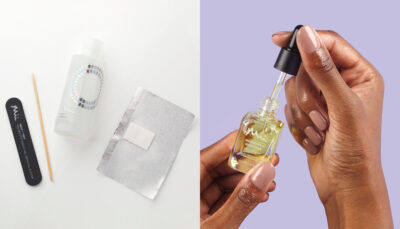 Off + Away Home Gel Removal Kit and image of a model holding a bottle of Nourish + Nurture Nail and Cuticle Oil 