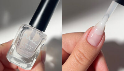 A bottle of To Have + To Hold Base Coat and a model applying it on her nails