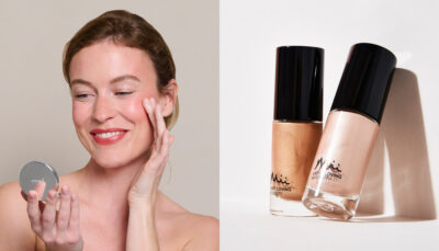 Model applying Colour Wonder Lip and Cheek Balm in Au Naturelle and image of Light Loving Intensity highlighter