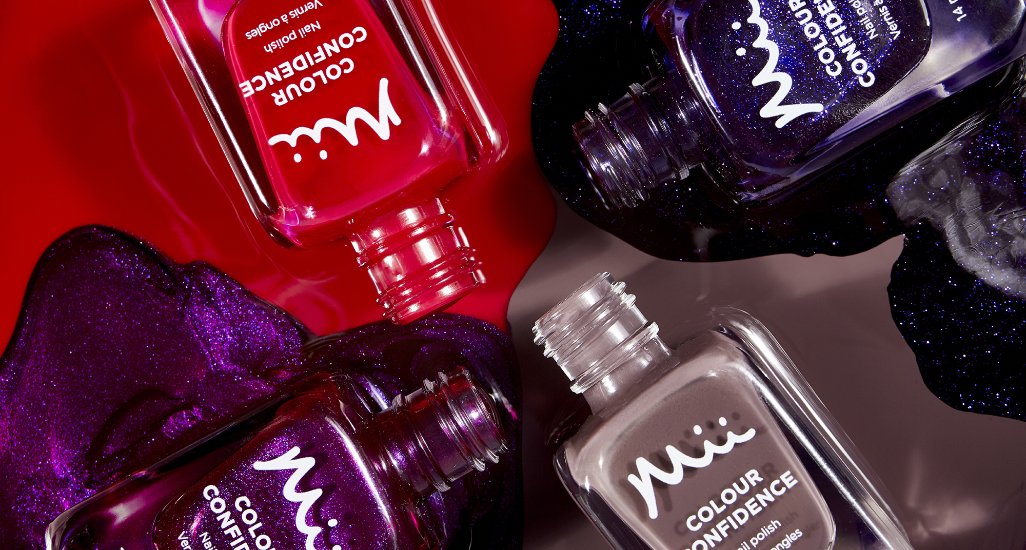 Colour Confidence Nail Polish shades in red, purple and nude