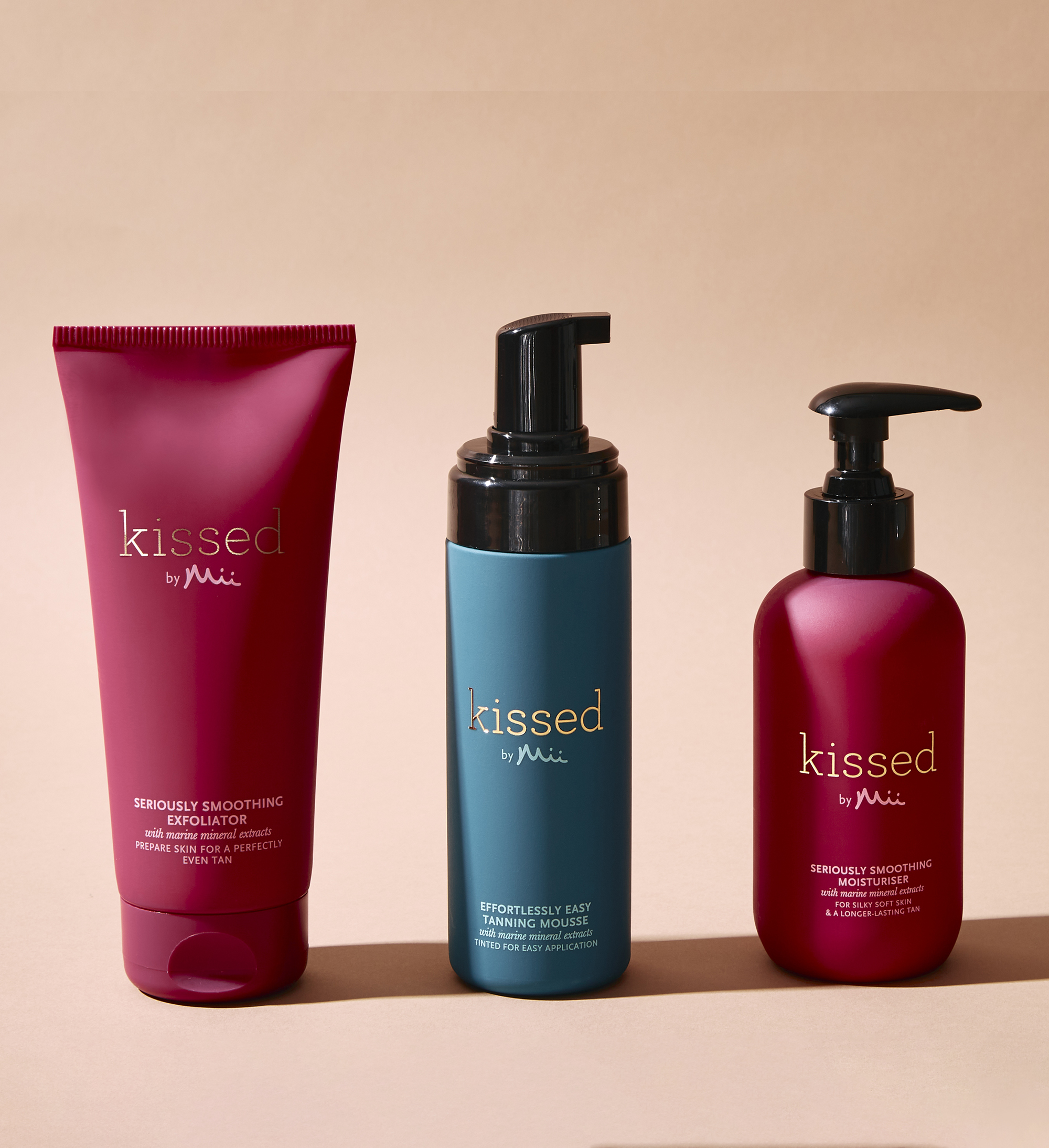Kissed by Mii tanning products group shot on a pink background