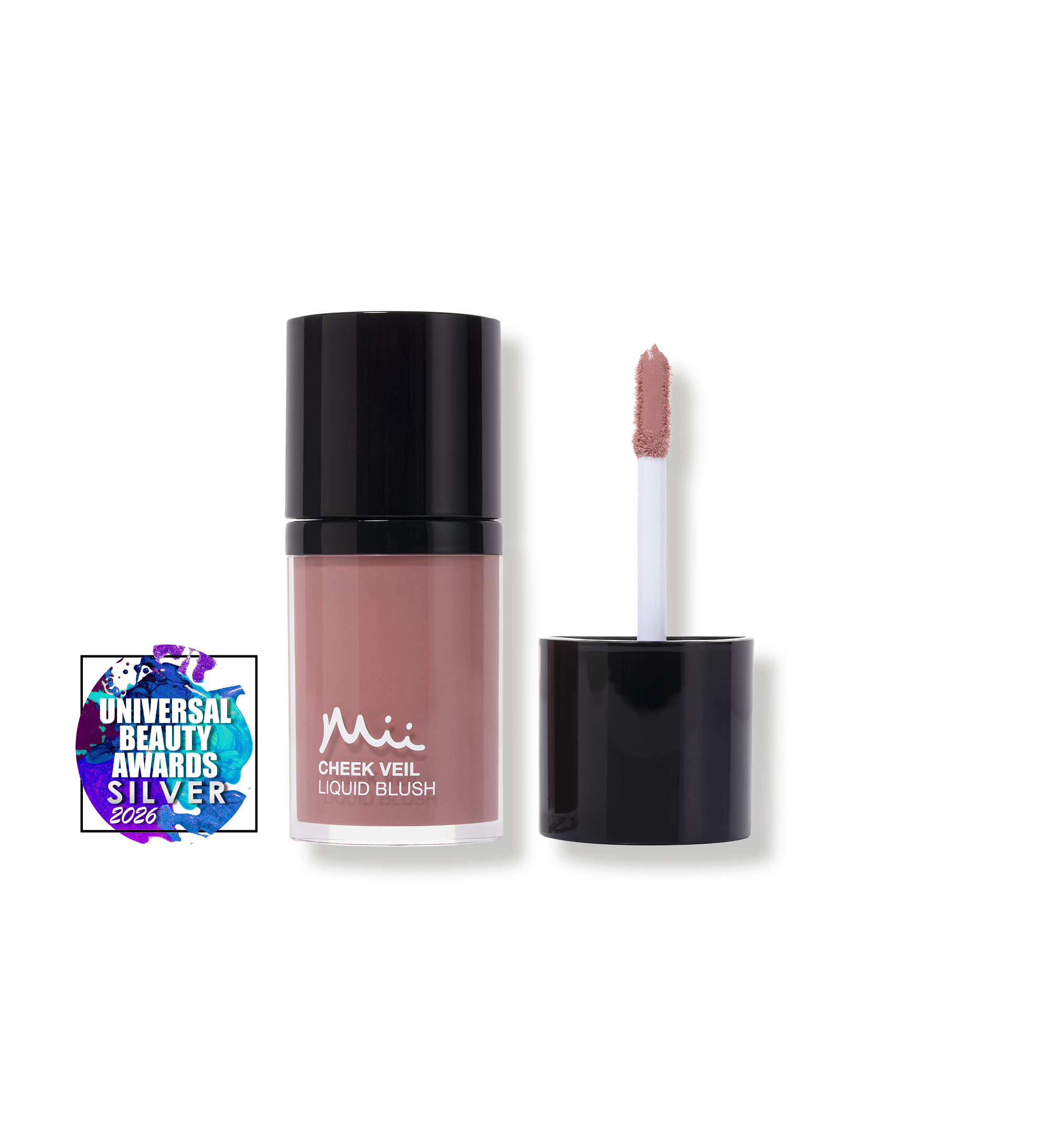 Cheel Veil Liquid Blush in Splendour product shot with Universal Beauty Awards Silver 2026 logo