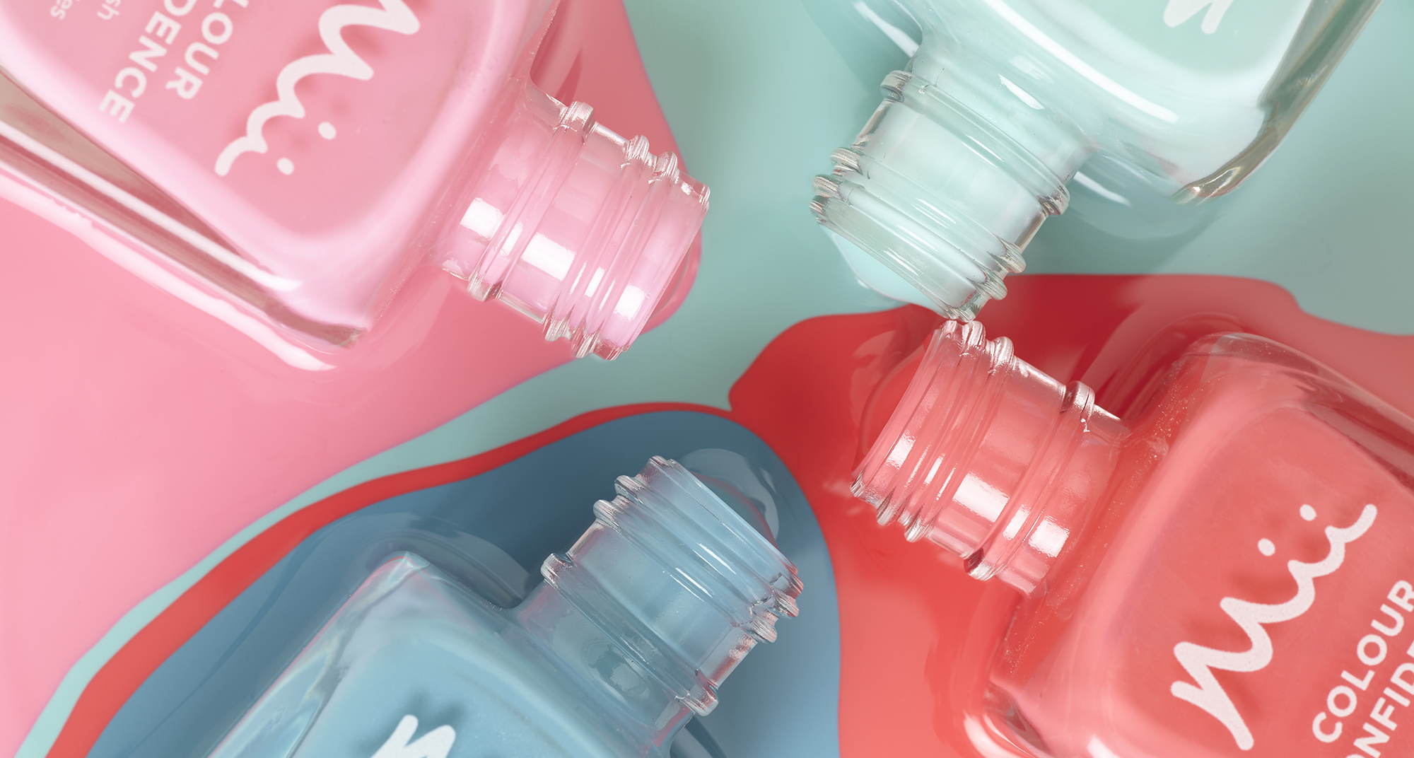 Summer In Miami nail polish collection pouring shot - featuring Summer Holiday Colour Confidence Nail Polish, Bold Bikini Colour Confidence Nail Polish and Crystal Waters Colour Confidence Nail Polish