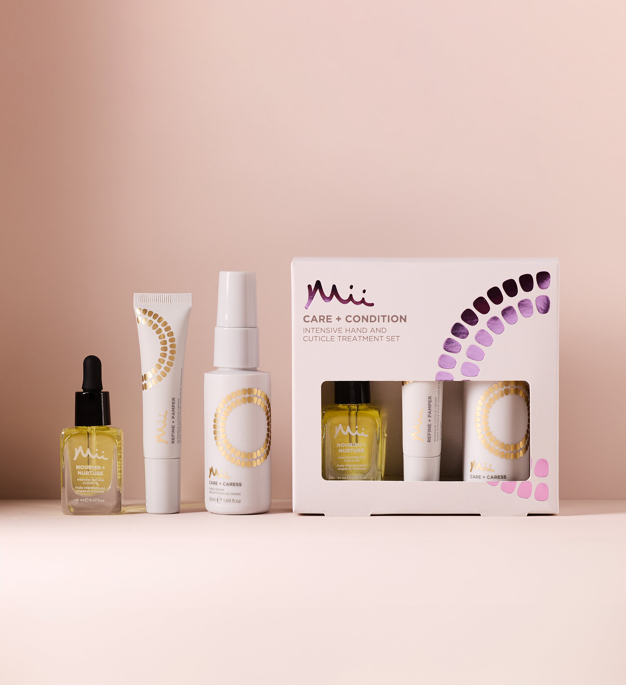Care + Condition Hand and Cuticle Set - Nourish + Nurture Nail and Cuticle Oil, Refine + Pamper Intensice Cuticle Cream, Care + Caress Hand Serum