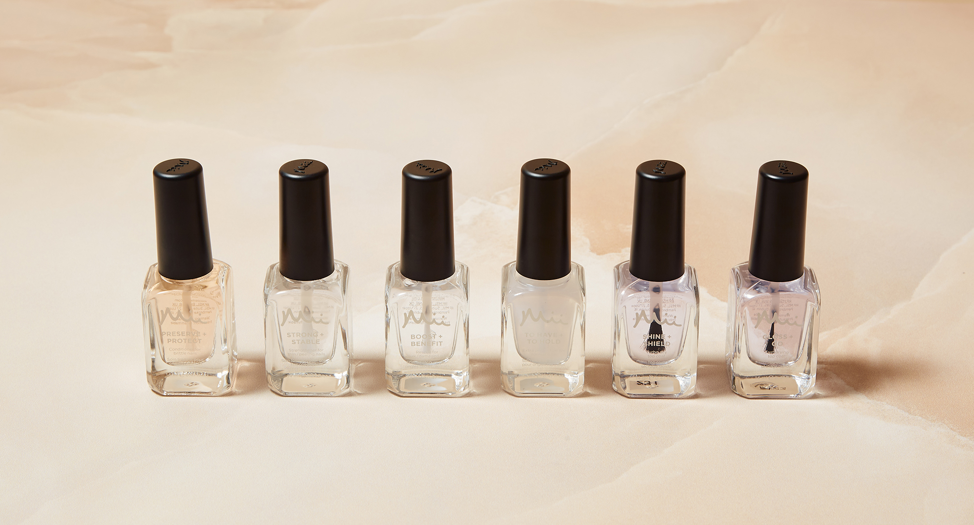 Base Coat group shot - Preserve + Protect, Strong + Stable, Boost + Benefit, To Have + To Hold, Shine + Shield Top Coat