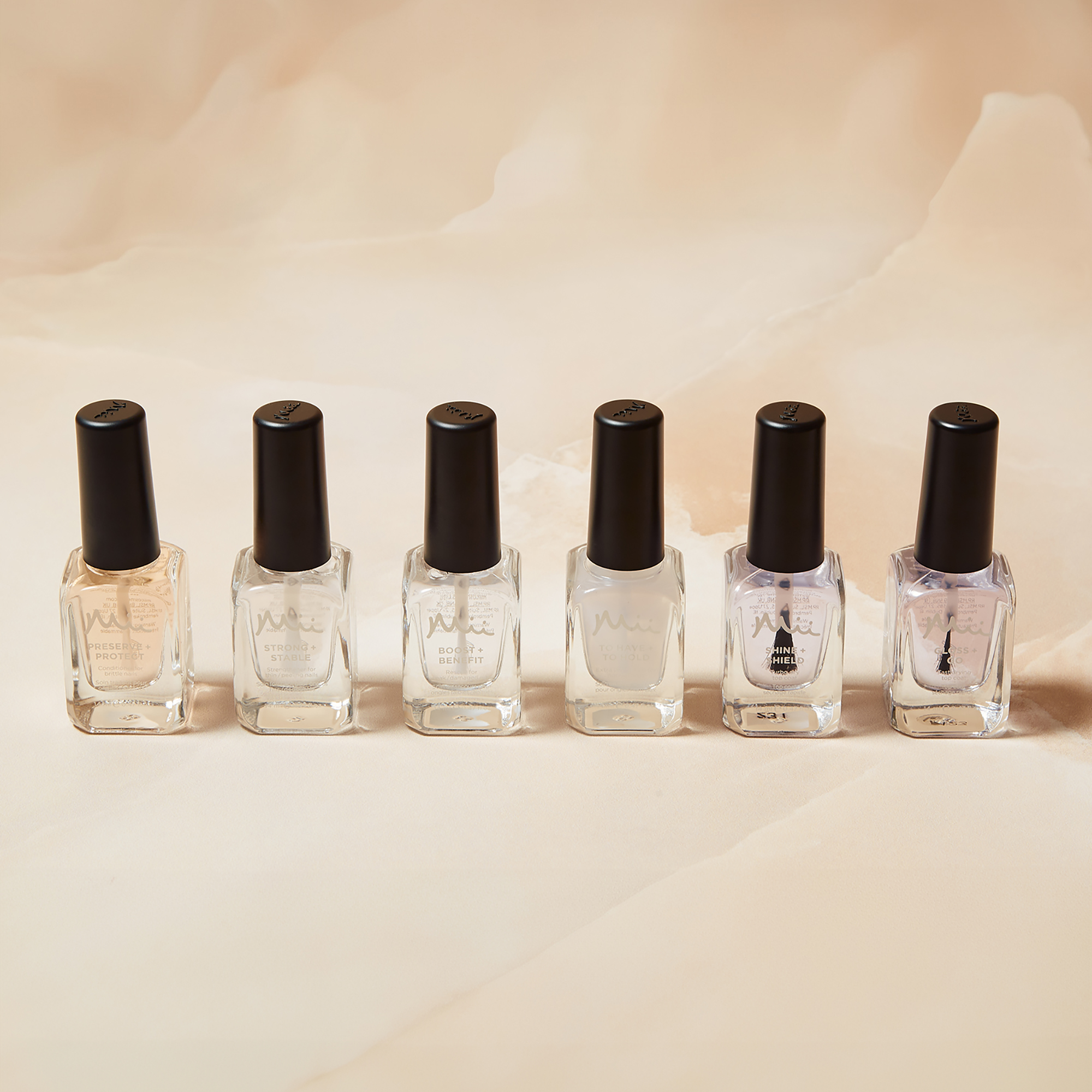 Base Coat group shot - Preserve + Protect, Strong + Stable, Boost + Benefit, To Have + To Hold, Shine + Shield Top Coat