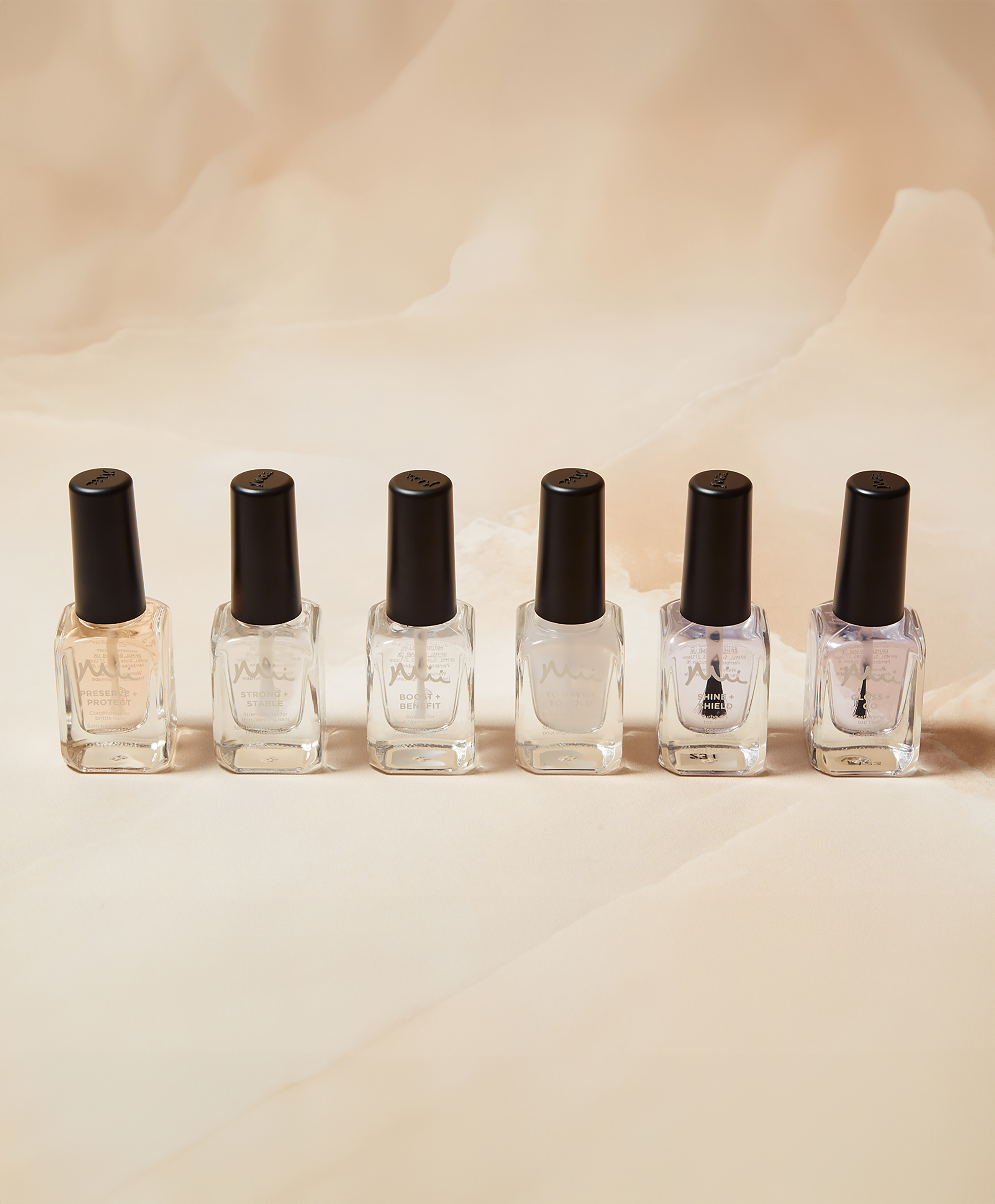 Base Coat group shot - Preserve + Protect, Strong + Stable, Boost + Benefit, To Have + To Hold, Shine + Shield Top Coat