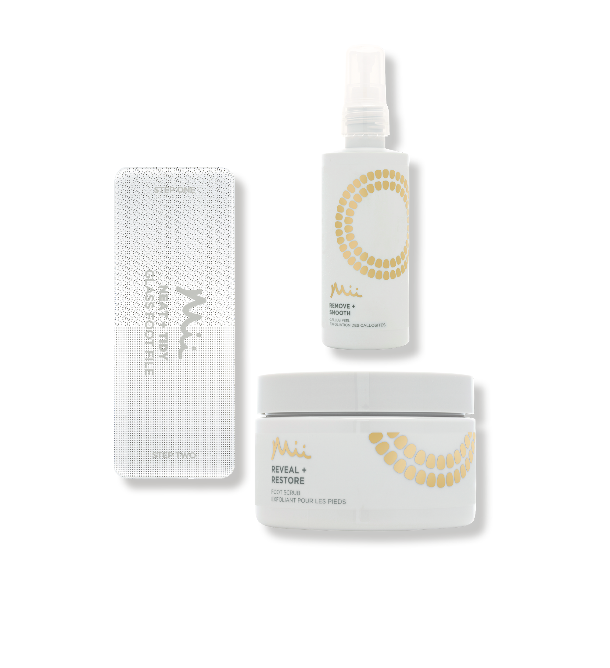 Smooth Feet edit packshot - Neat + Tidy Glass Foot File, Reveal + Restore Foot scrub, Remove + Smooth Cullus Peel