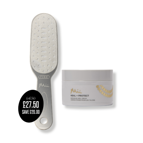 Heal + Protect Smoothing Duo with price roundel- Neat + Tidy Stainless Steel Foot File, Heal + Protect Heel Cream