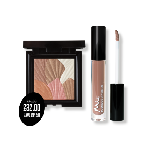 Bronze Beauty Bronzer & Lip Gloss Duo packshots with price roundel - Celestial Skin Shimmer in Aurora and Luscious Lip Sheen in Pamper
