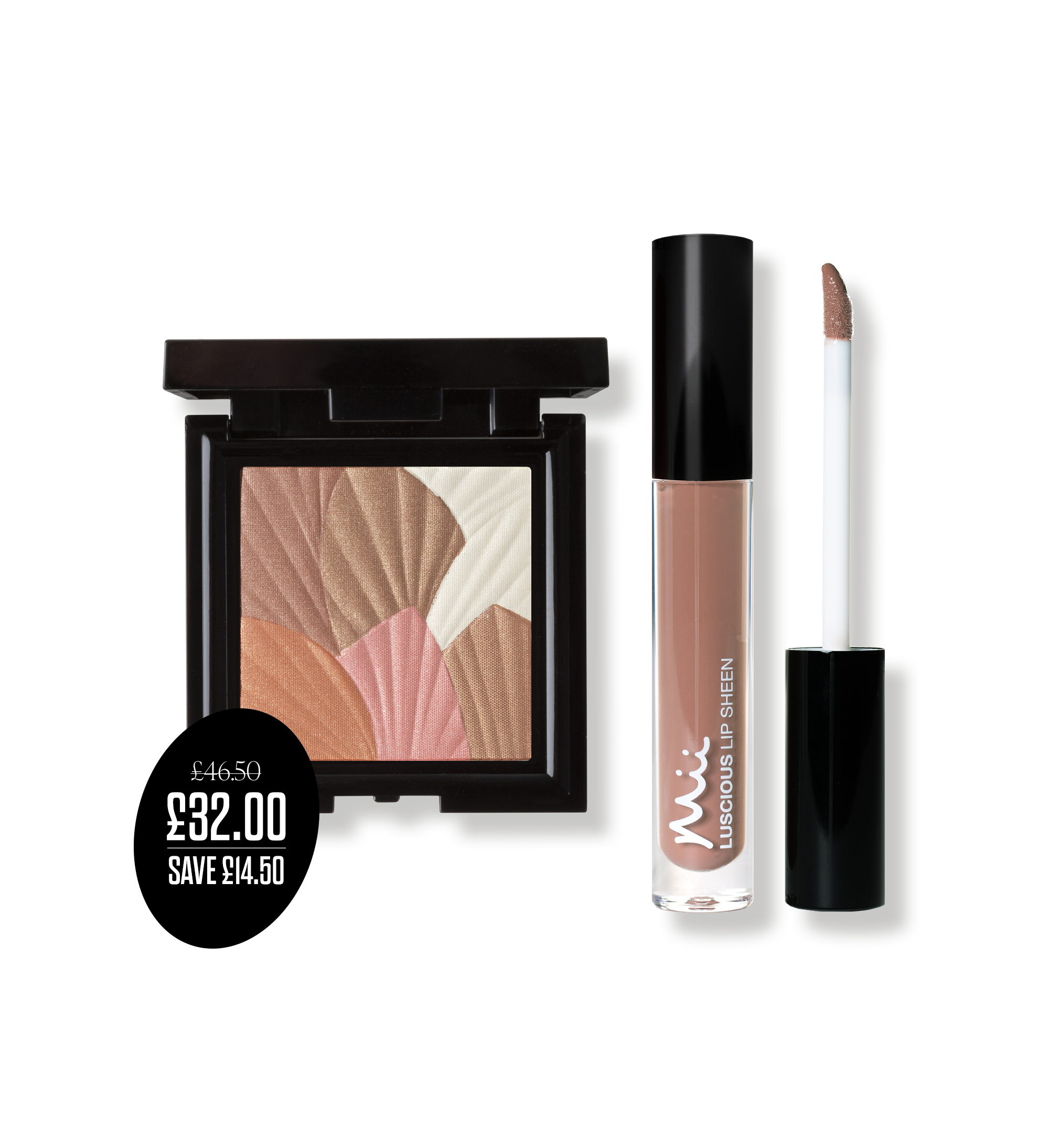Bronze Beauty Bronzer & Lip Gloss Duo packshots with price roundel - Celestial Skin Shimmer in Aurora and Luscious Lip Sheen in Pamper