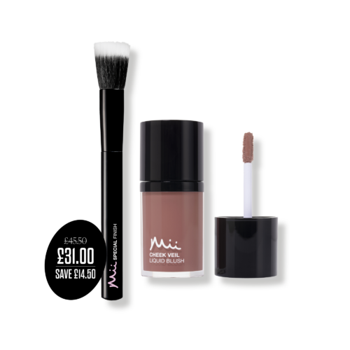 Brush + Blush Duo in Glow Up packshots with price roundel - Cheek Veil Liquid Blush in Glow Up and Special Finish Brush