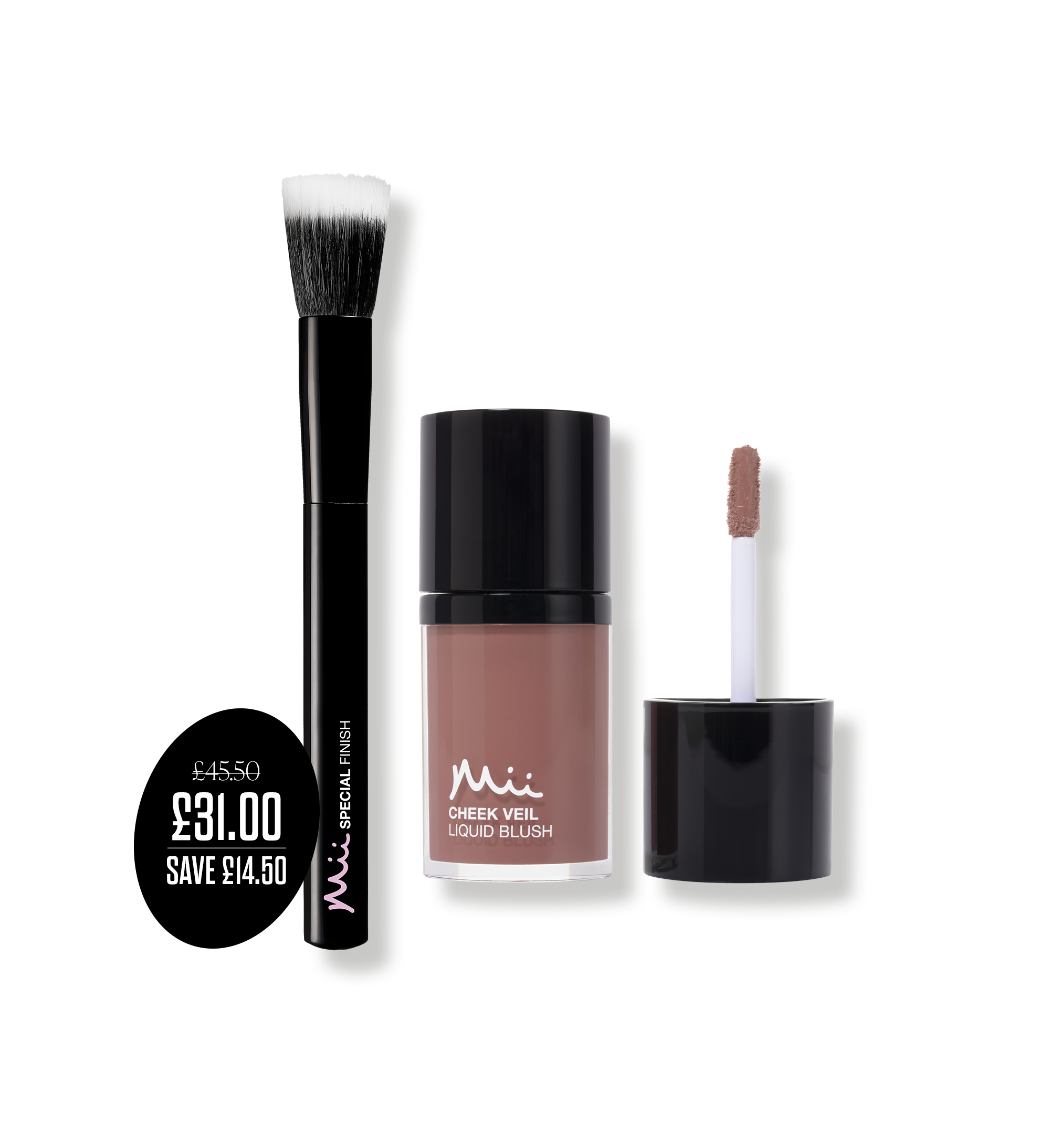 Brush + Blush Duo in Glow Up packshots with price roundel - Cheek Veil Liquid Blush in Glow Up and Special Finish Brush