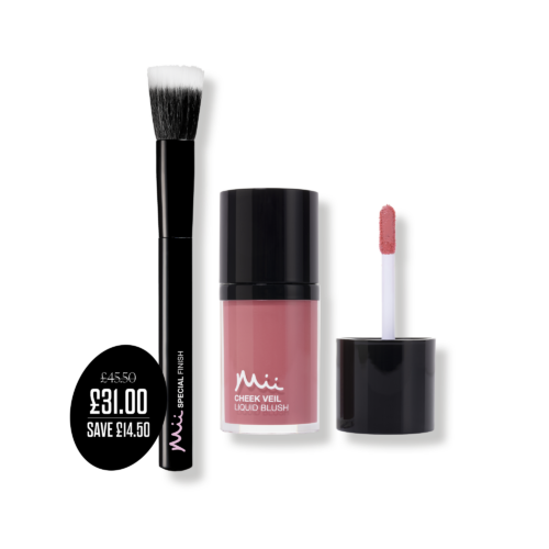 Brush + Blush Duo in Paradise packshots with price roundel - Cheek Veil Liquid Blush in Paradise and Special Finish Brush