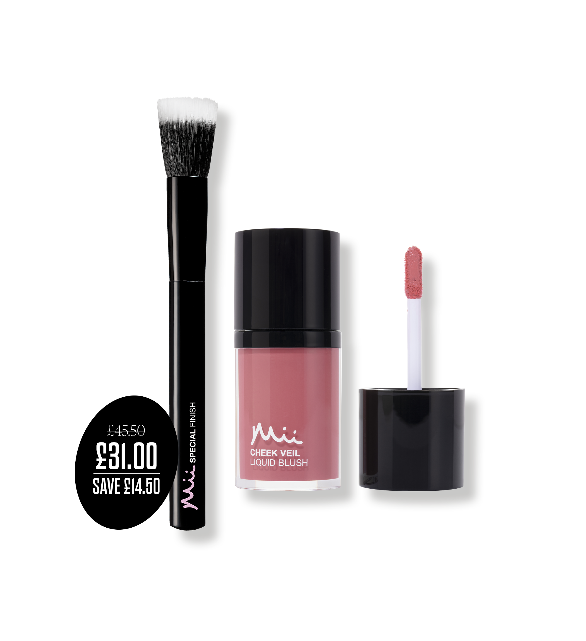 Brush + Blush Duo in Paradise packshots with price roundel - Cheek Veil Liquid Blush in Paradise and Special Finish Brush