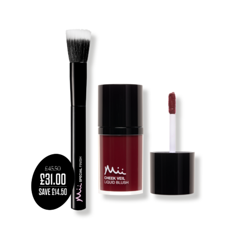 Brush + Blush Duo in Ravishing packshots with price roundel - Cheek Veil Liquid Blush in Ravishing and Special Finish Brush