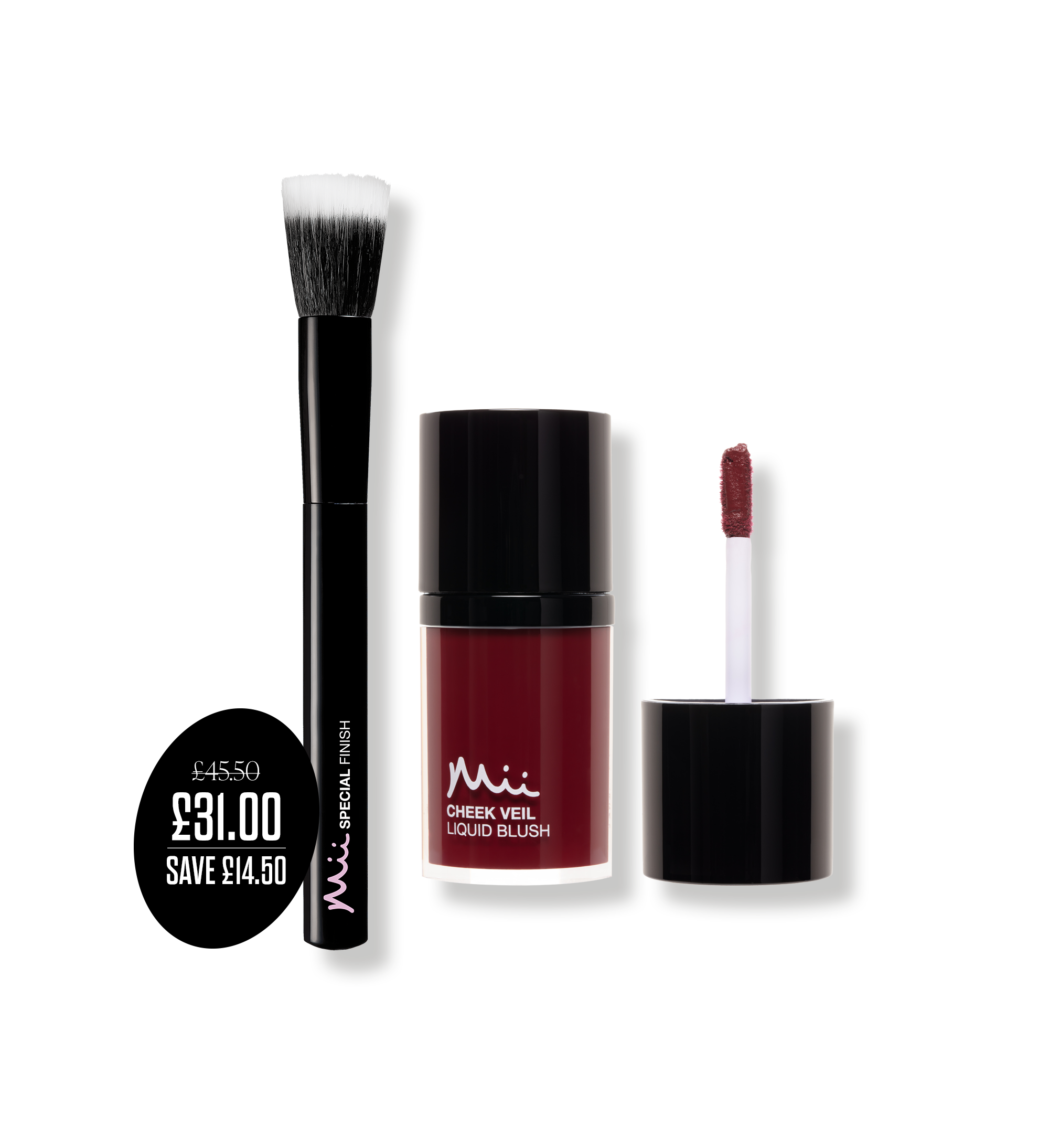 Brush + Blush Duo in Ravishing packshots with price roundel - Cheek Veil Liquid Blush in Ravishing and Special Finish Brush