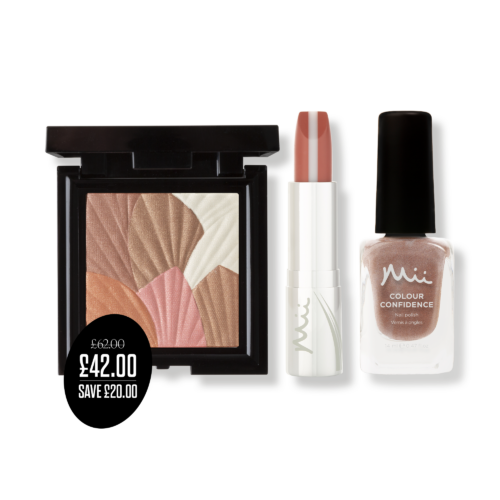 Glowing Lip, Cheek & Nail Trio in Beautifully Bronzed packshots with price roundel - HydraBoost Lip Lover Lipstick in Nudist , Celestial Skin Shimmer in Aurora and Inca Jewels Colour Confidence Nail Polish