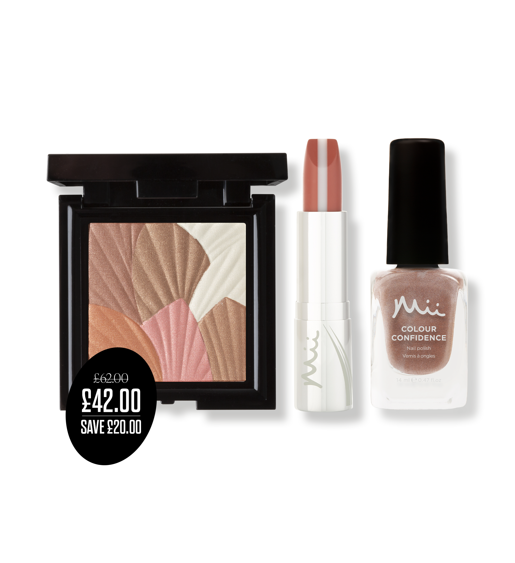 Glowing Lip, Cheek & Nail Trio in Beautifully Bronzed packshots with price roundel - HydraBoost Lip Lover Lipstick in Nudist , Celestial Skin Shimmer in Aurora and Inca Jewels Colour Confidence Nail Polish