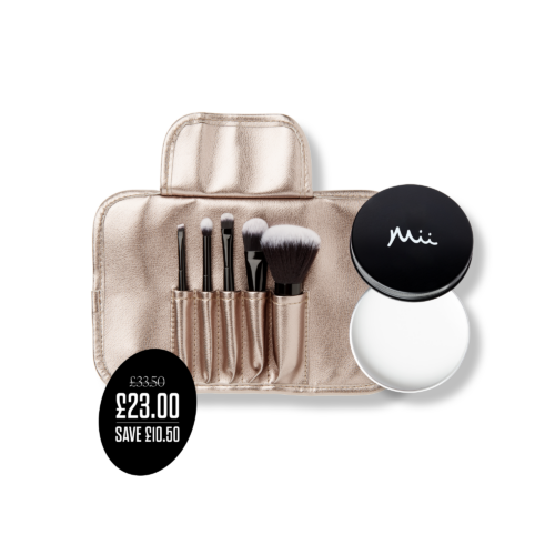 Makeup Brush Set + Cleaner Balm Duo packshots with price roundel - Angled Eye Detailer Brush, Eyeshadow Brush, Multi-Use Blender, Foundation Brush and Powder Brush