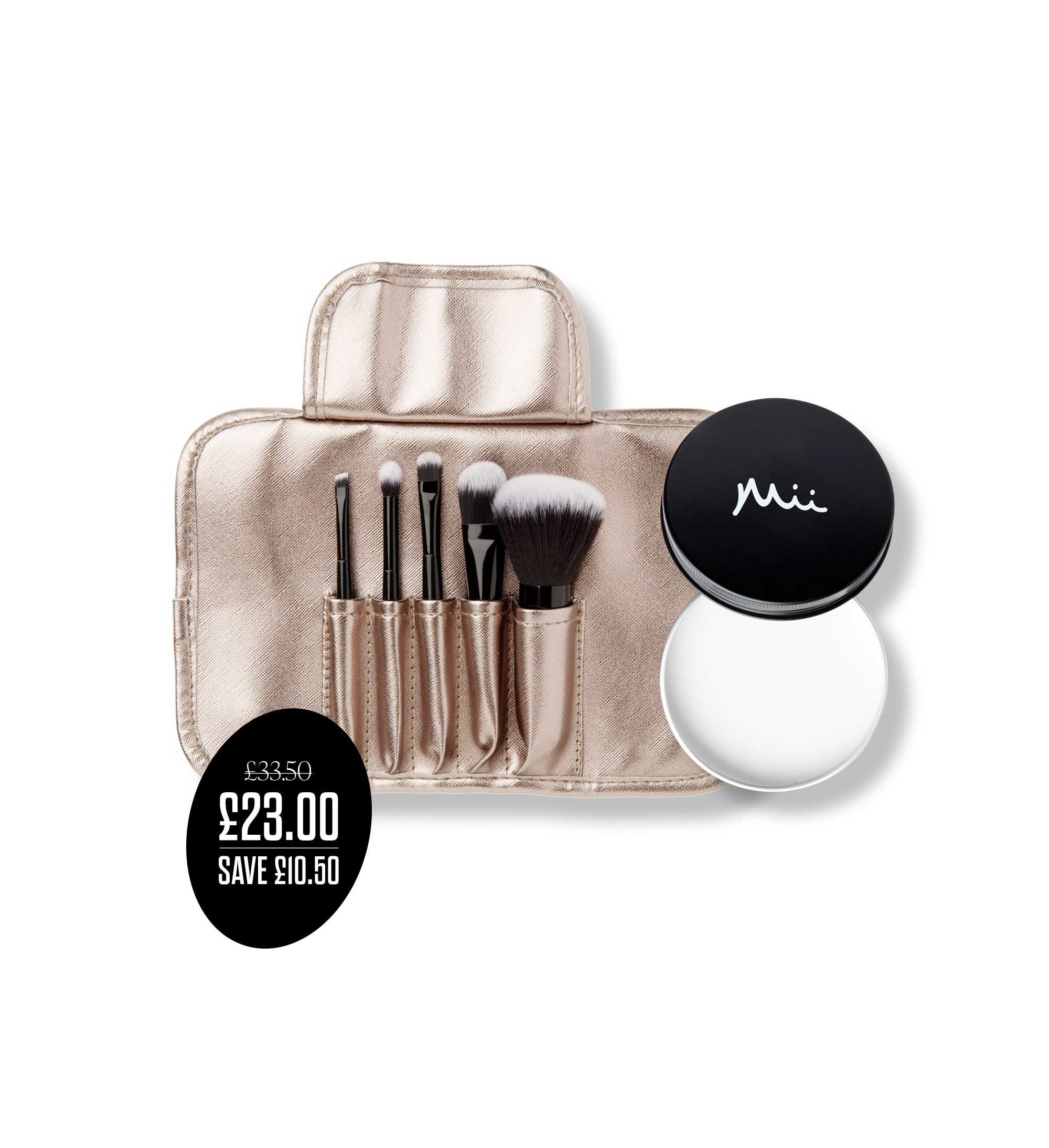 Makeup Brush Set + Cleaner Balm Duo packshots with price roundel - Angled Eye Detailer Brush, Eyeshadow Brush, Multi-Use Blender, Foundation Brush and Powder Brush