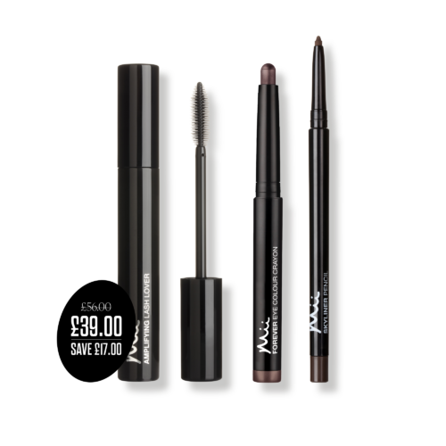 Transform Eyes Trio packshots with price roundel - Amplifying Lash Lover Mascara, Forever Eye Crayon in Rose Gold and Skyliner Pencil in Twilight