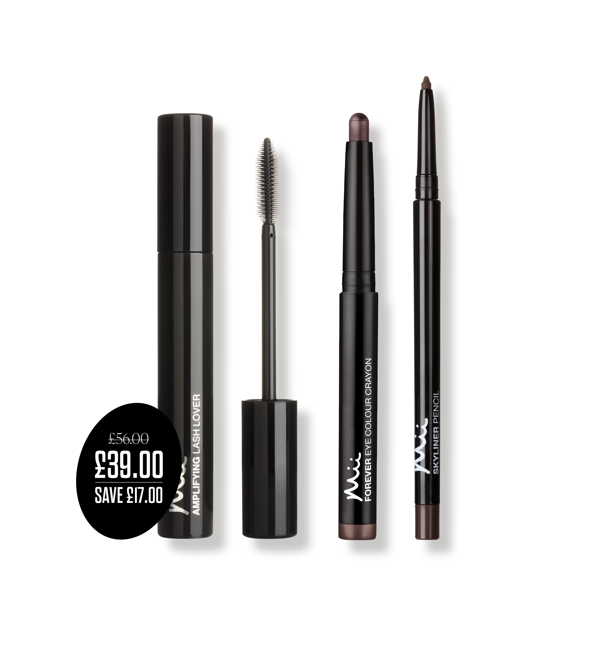 Transform Eyes Trio packshots with price roundel - Amplifying Lash Lover Mascara, Forever Eye Crayon in Rose Gold and Skyliner Pencil in Twilight