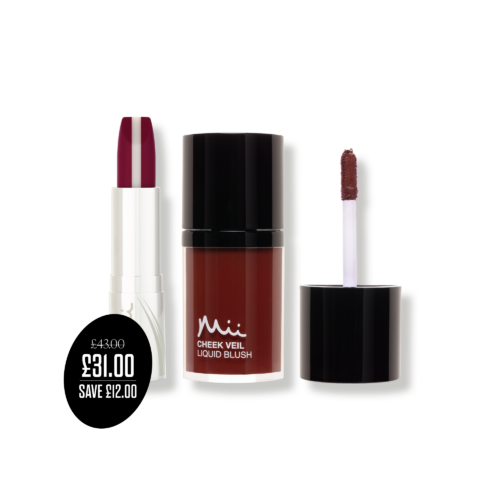 Colour Collection Lip & Cheek Duo packshots with price roundel - HydraBoost Lip Lover in Dahlia and Cheeck Veil Liquid Blush in Serenity