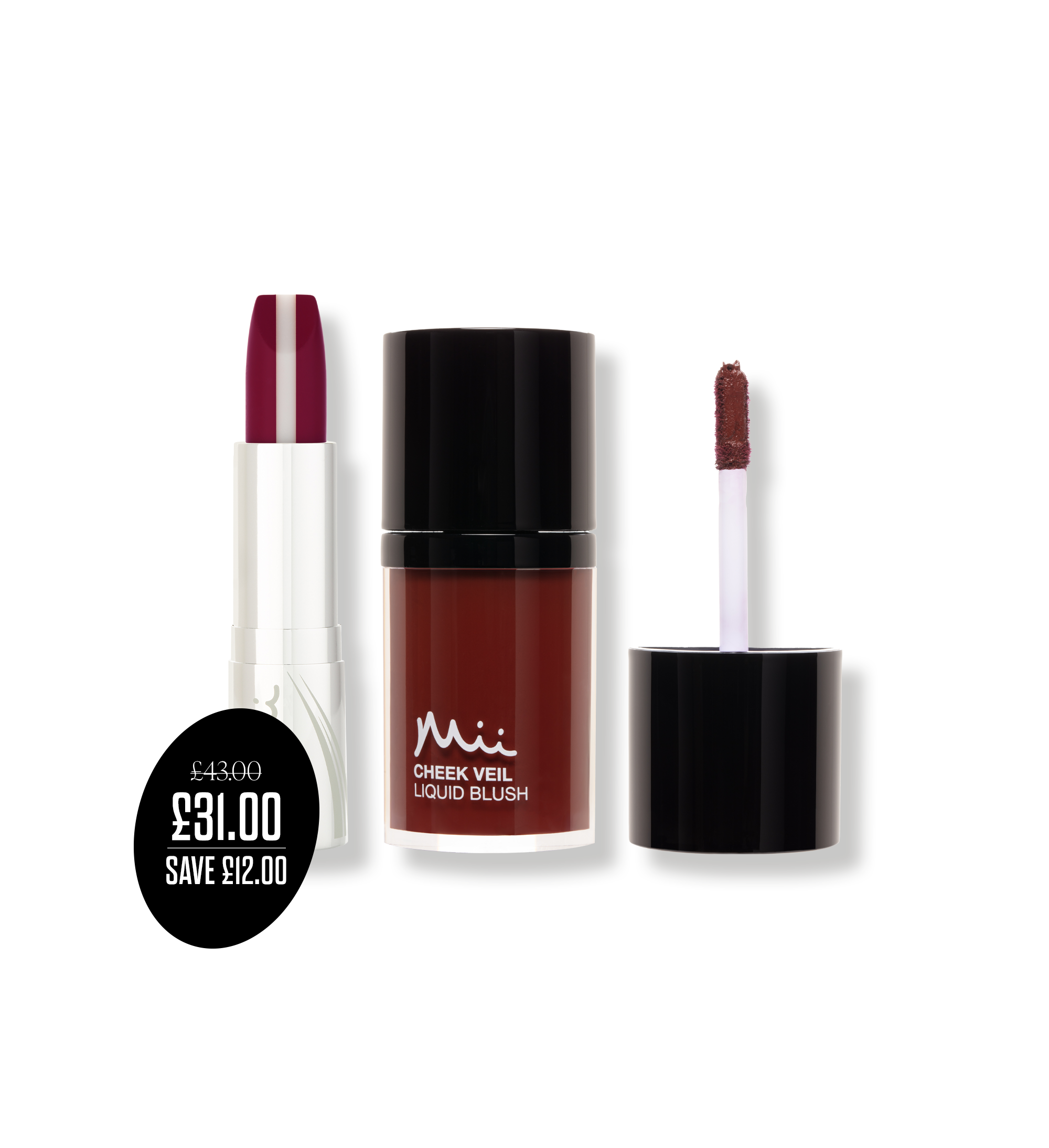 Colour Collection Lip & Cheek Duo packshots with price roundel - HydraBoost Lip Lover in Dahlia and Cheeck Veil Liquid Blush in Serenity