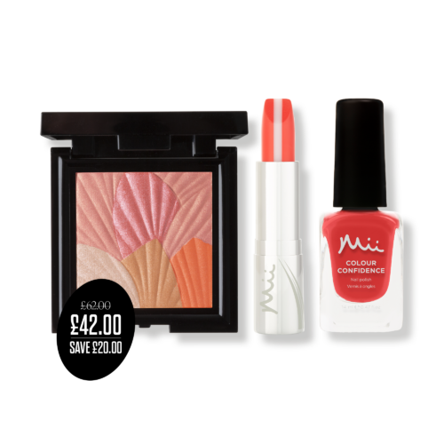 Glowing Lip, Cheek & Nail Trio in Coral Haze packshots with price roundel - HydraBoost Lip Lover Lipstick in Tutti Frutti, Celestial Skin Shimmer in Coral Haze and Wildly Wonderful Colour Confidence Nail Polish