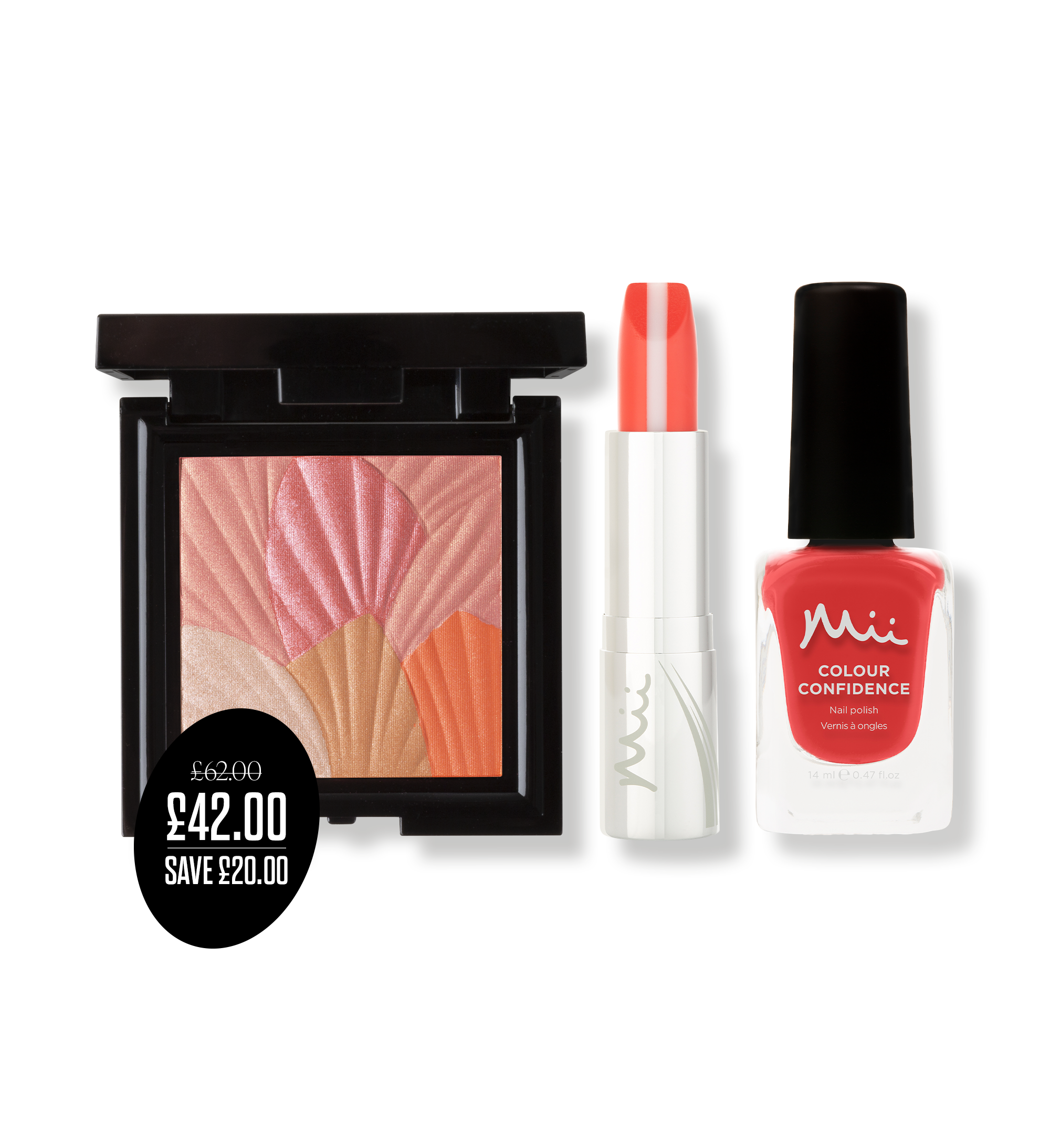 Glowing Lip, Cheek & Nail Trio in Coral Haze packshots with price roundel - HydraBoost Lip Lover Lipstick in Tutti Frutti, Celestial Skin Shimmer in Coral Haze and Wildly Wonderful Colour Confidence Nail Polish