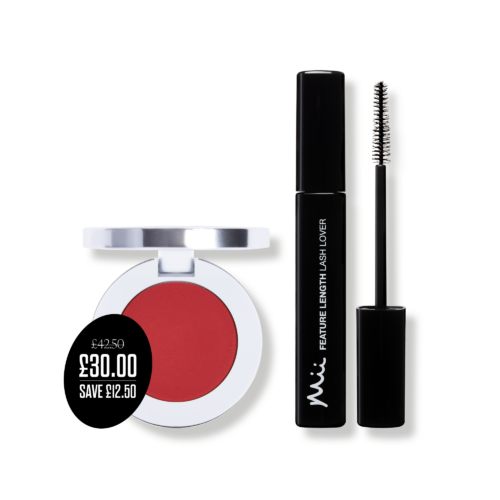 Define + Glow Edit packshots with price roundel - Feature Length Lash Lover and Colour Wonder Lip and Cheek Balm in Rebel Red