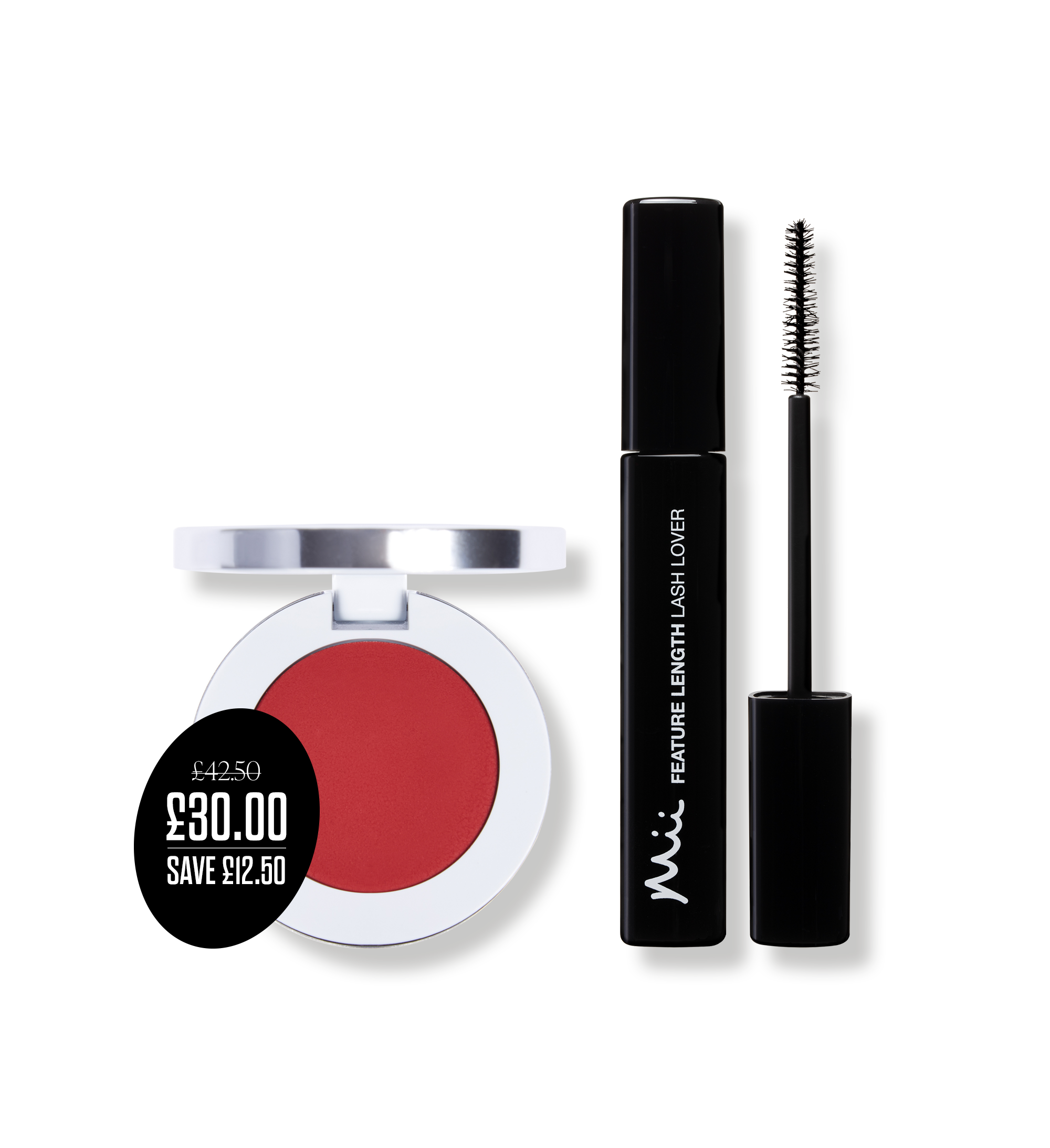 Define + Glow Edit packshots with price roundel - Feature Length Lash Lover and Colour Wonder Lip and Cheek Balm in Rebel Red