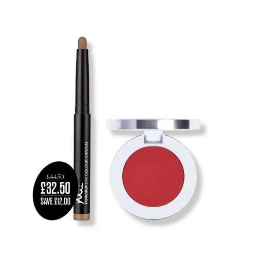 Eye, Lip & Cheeck Edit packshots with price roundel - Forever Eye Crayon in Burnt Copper and Colour Wonder Lip and Cheek Balm in Rebel Red