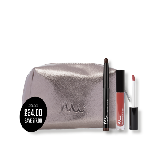 Everyday Edit packshots with price roundel - Rose Gold Cosmetics Bag, Forever Eye Colour Crayon Eyeshadow in Walnut and Luscious Lip Sheen Lip Gloss in Desire