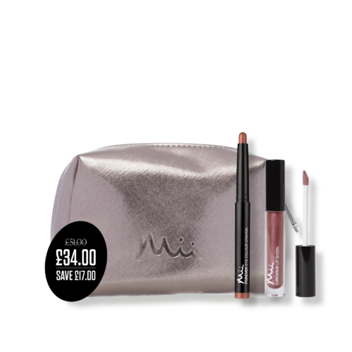 Everyday Edit packshots with price roundel - Rose Gold Cosmetics Bag, Forever Eye Colour Crayon Eyeshadow in Copper Glow and Luscious Lip Sheen Lip Gloss in Minx