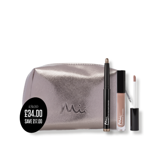 Everyday Edit packshots with price roundel - Rose Gold Cosmetics Bag, Forever Eye Colour Crayon Eyeshadow in Oyster and Luscious Lip Sheen Lip Gloss in Pamper