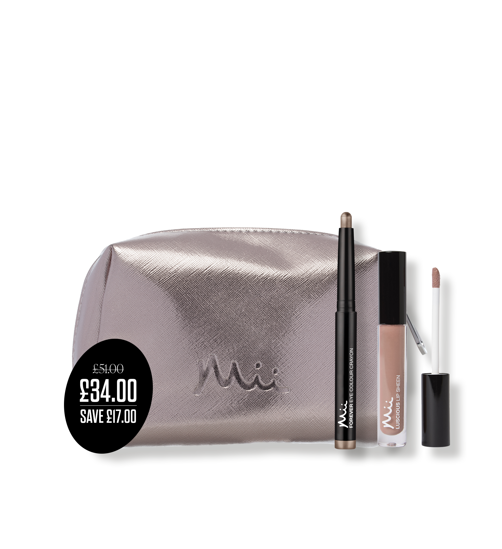 Everyday Edit packshots with price roundel - Rose Gold Cosmetics Bag, Forever Eye Colour Crayon Eyeshadow in Oyster and Luscious Lip Sheen Lip Gloss in Pamper