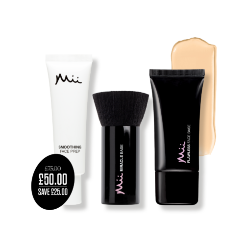 Flawless Finish Primer, Foundation & Brush Trio in Perfectly Fair packshot with price roundel - Smothing Face Prep Primer, Flawless Face Base Foundation in Perfectly Fair and Miracle Base Brush