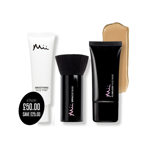 Flawless Finish Primer, Foundation & Brush Trio in Perfectly Honey packshot with price roundel - Smothing Face Prep Primer, Flawless Face Base Foundation in Perfectly Honey and Miracle Base Brush