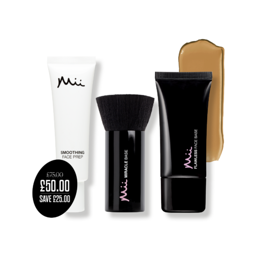 Flawless Finish Primer, Foundation & Brush Trio in Perfectly Deep packshot with price roundel - Smothing Face Prep Primer, Flawless Face Base Foundation in Perfectly Deep and Miracle Base Brush