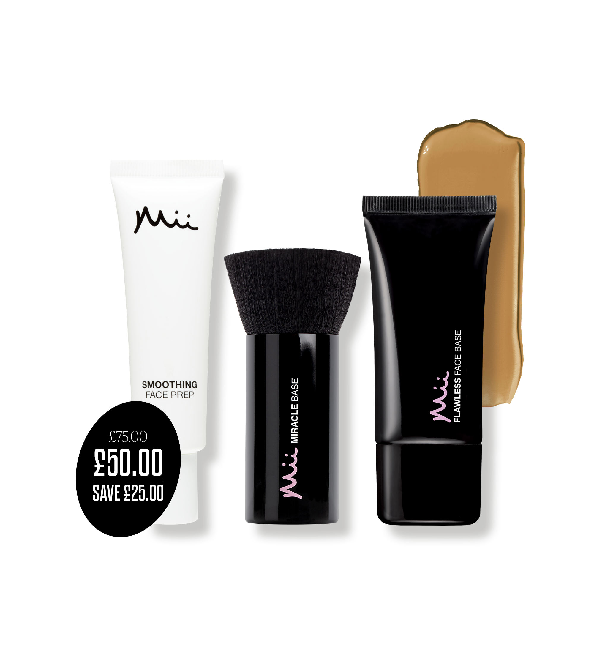 Flawless Finish Primer, Foundation & Brush Trio in Perfectly Deep packshot with price roundel - Smothing Face Prep Primer, Flawless Face Base Foundation in Perfectly Deep and Miracle Base Brush